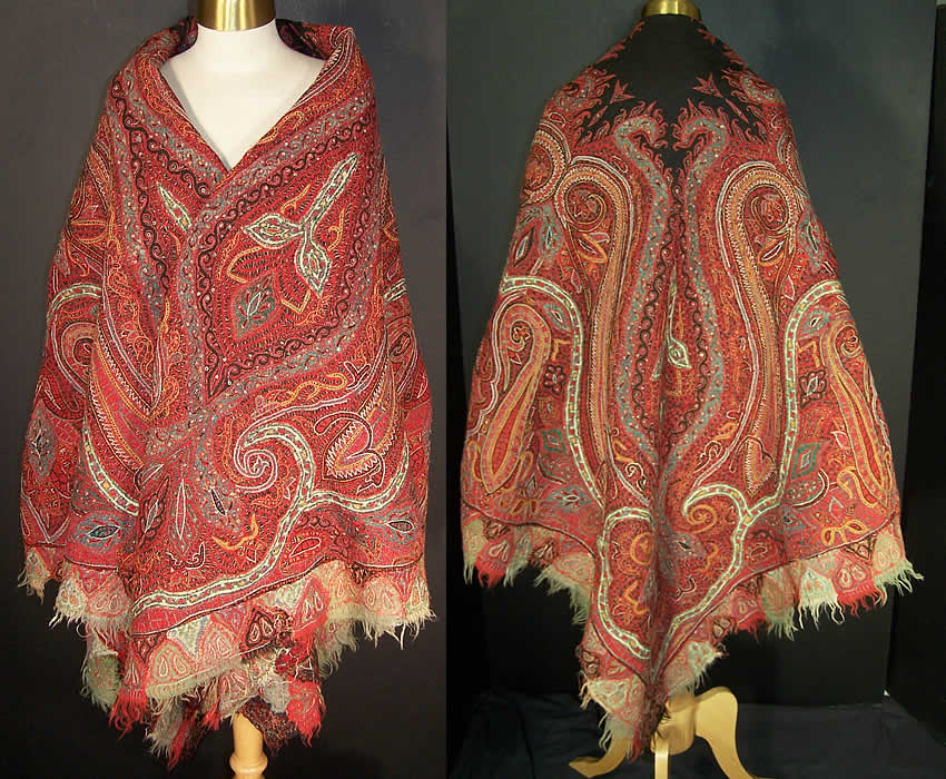 Victorian Antique Kashmir Hand Woven Pieced Paisley Shawl  Front view.