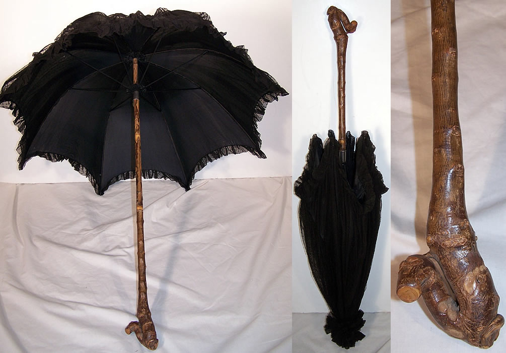 Edwardian Black Swiss Dot Net Burl Wood Handle Parasol  Front view.