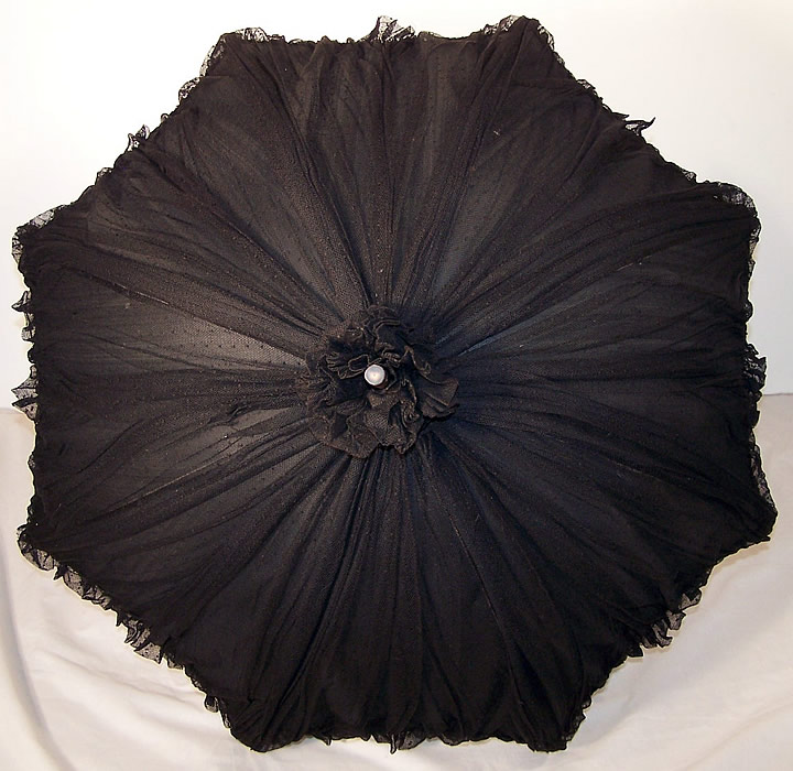 Edwardian Black Swiss Dot Net Burl Wood Handle Parasol top view.
