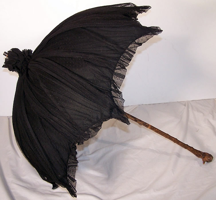 Edwardian Black Swiss Dot Net Burl Wood Handle Parasol Side View