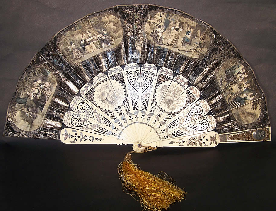 Victorian Lithograph Foil Inlay Pierced Flirting Mirror Fan  Front view.