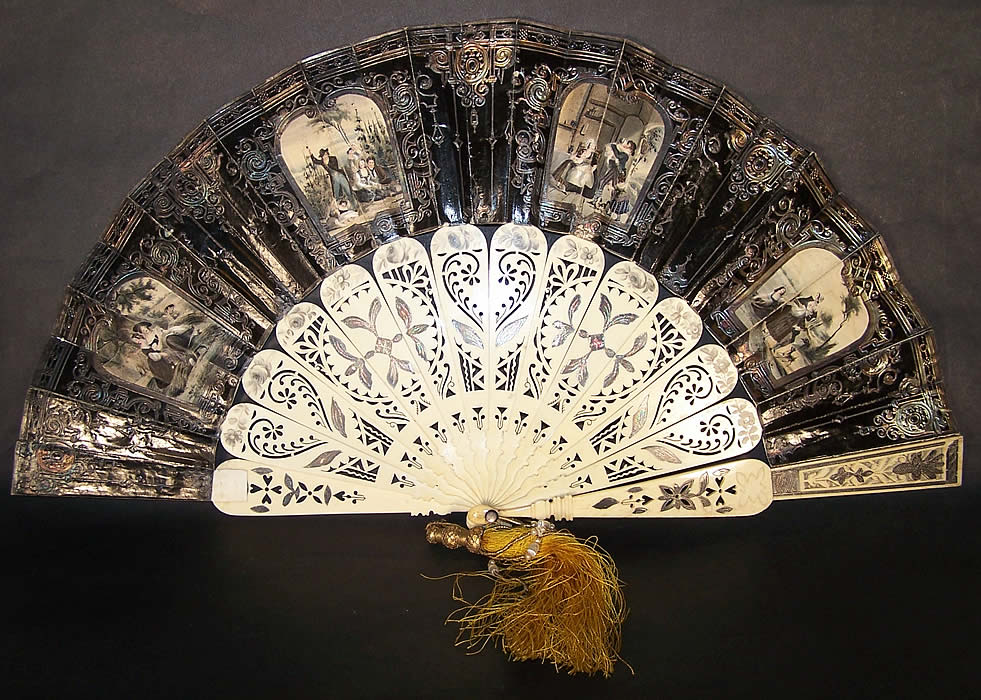 Victorian Lithograph Foil Inlay Pierced Flirting Mirror Fan Back View.