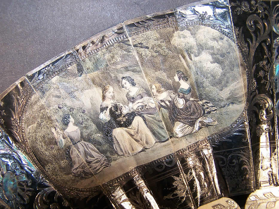 Victorian Lithograph Foil Inlay Pierced Flirting Mirror Fan close-up