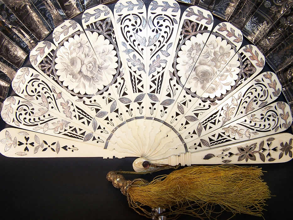 Victorian Lithograph Foil Inlay Pierced Flirting Mirror Fan Close up.