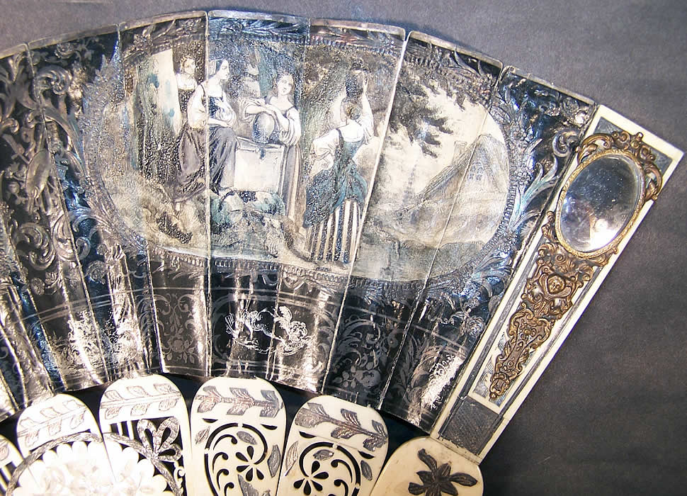  Victorian Lithograph Foil Inlay Pierced Flirting Mirror Fan Close up.