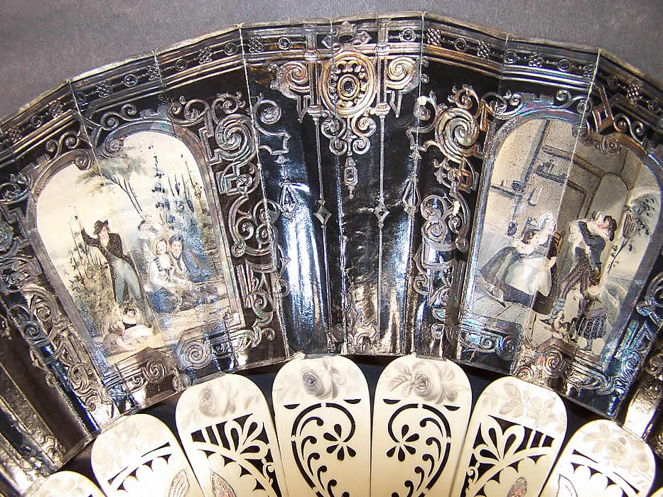 Victorian Lithograph Foil Inlay Pierced Flirting Mirror Fan Close up.
