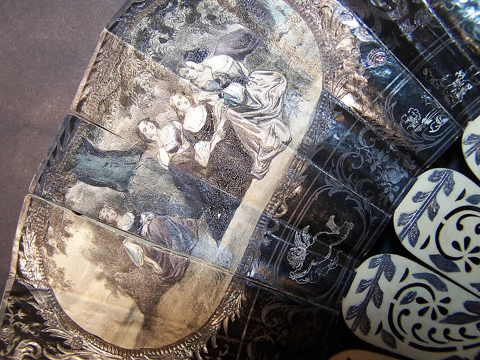Victorian Lithograph Foil Inlay Pierced Flirting Mirror Fan Close up.