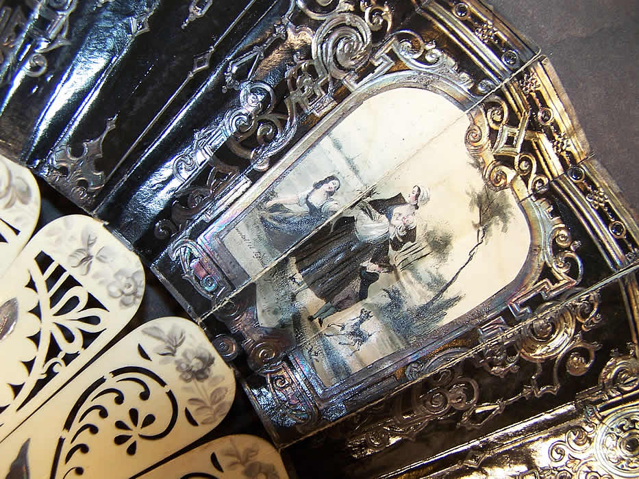 Victorian Lithograph Foil Inlay Pierced Flirting Mirror Fan Close up.
