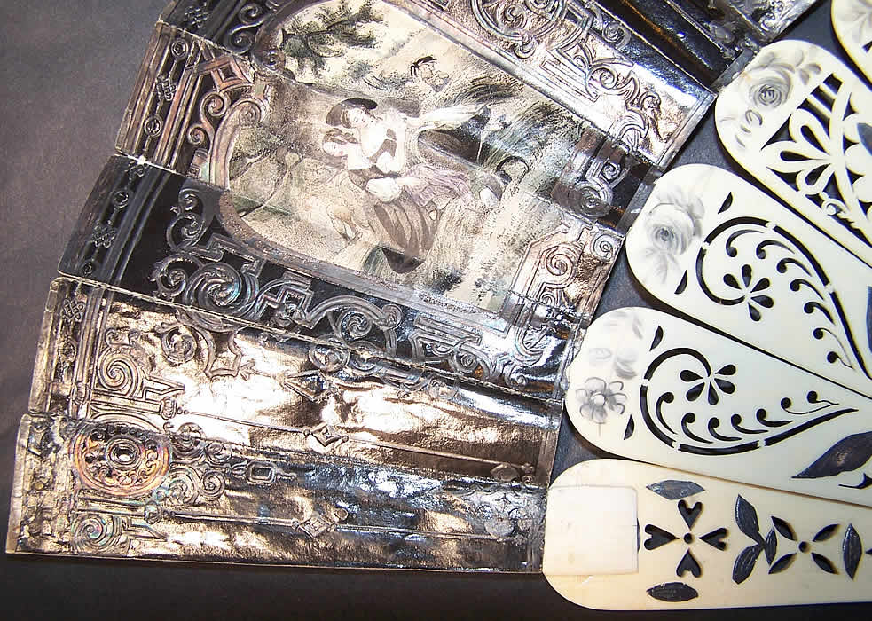 Victorian Lithograph Foil Inlay Pierced Flirting Mirror Fan Close up.