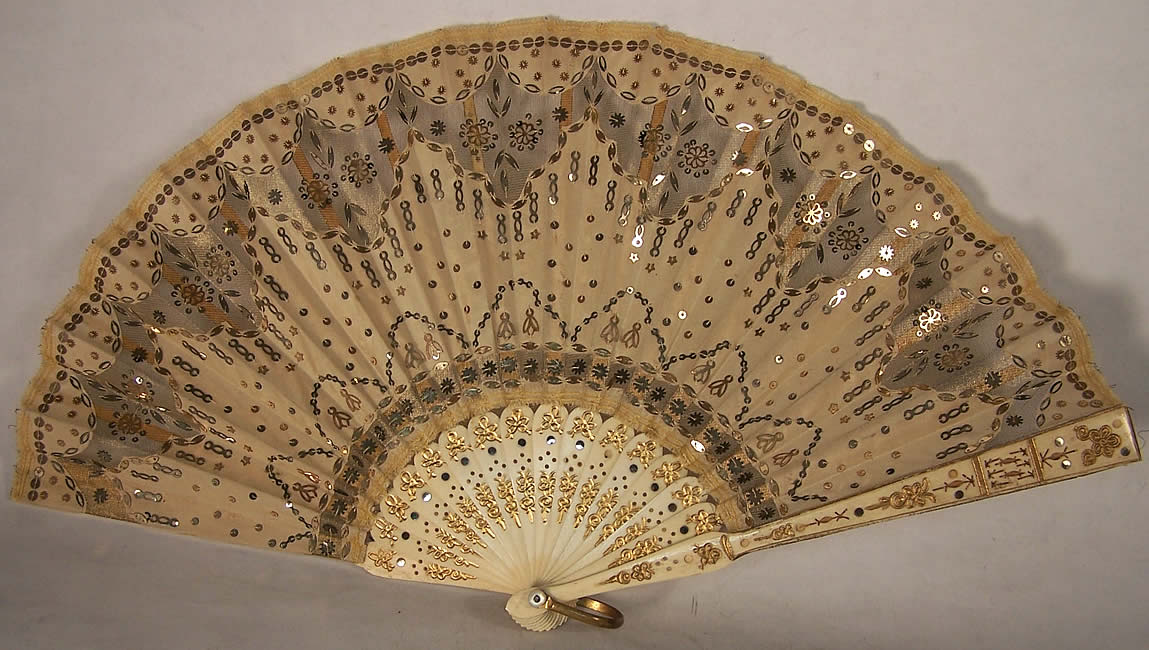 Victorian Gold Silk Sequin Ball Gown Dance Fan  Front view.