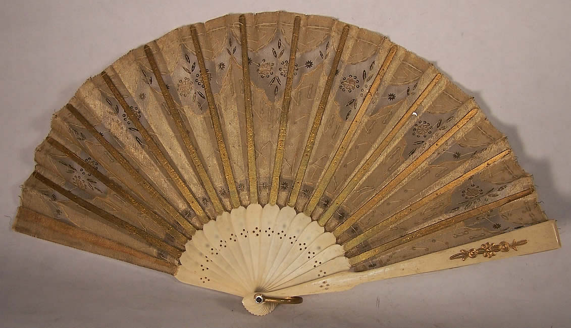 Victorian Gold Silk Sequin Ball Gown Dance Fan Back View.