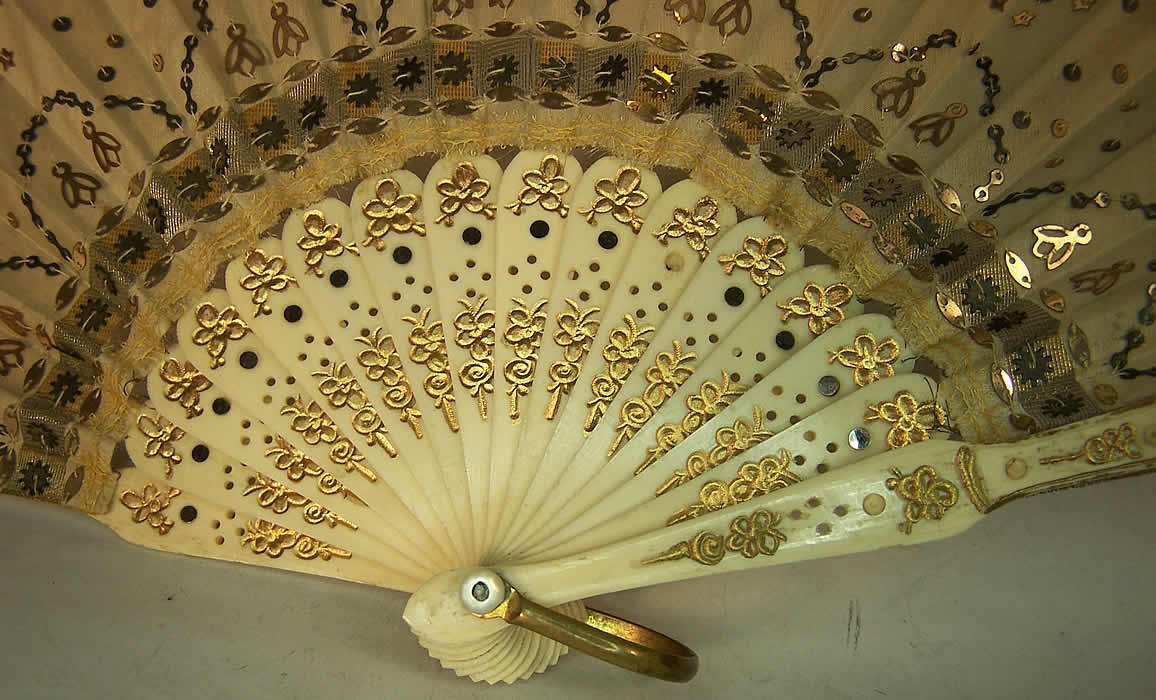 Victorian Gold Silk Sequin Ball Gown Dance Fan bottom view.