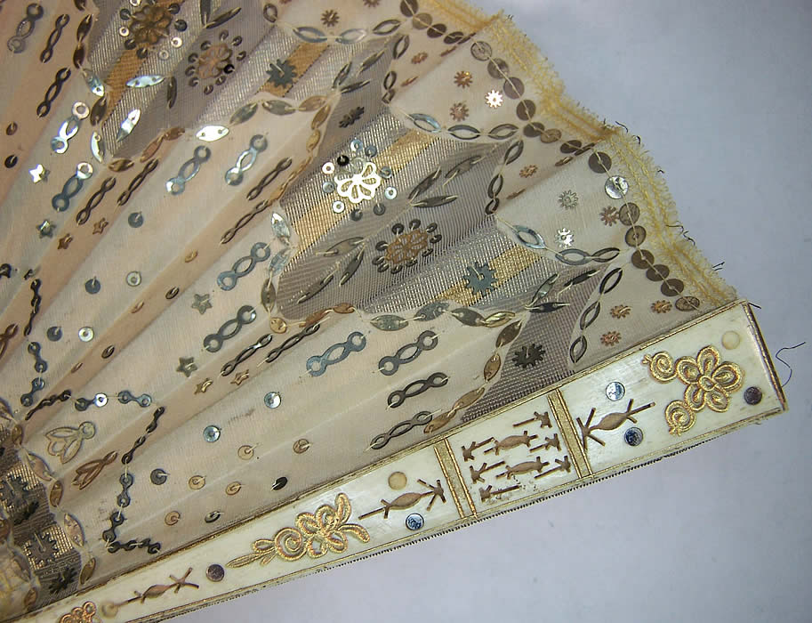 Victorian Gold Silk Sequin Ball Gown Dance Fan side view