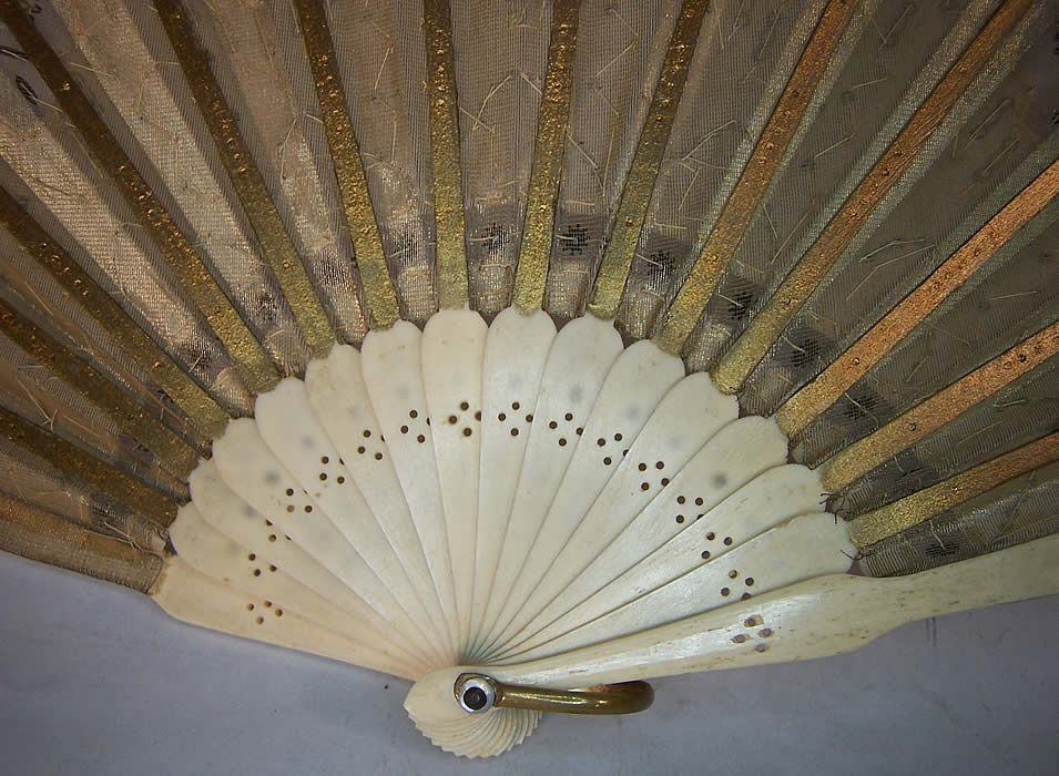  Victorian Gold Silk Sequin Ball Gown Dance Fan Close up.