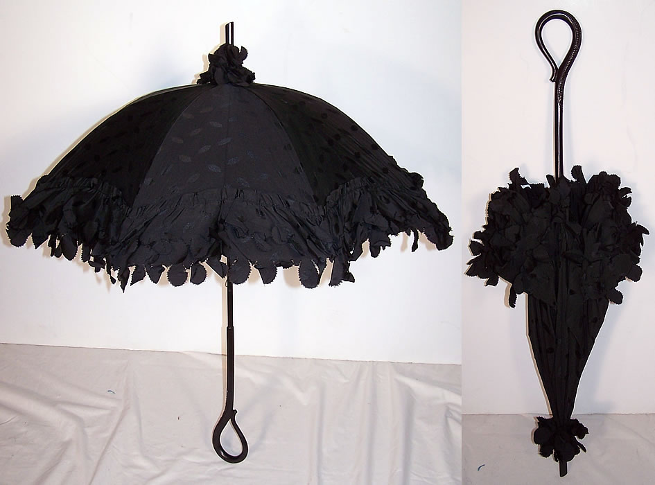 Edwardian Black Silk Ebony Wood Carved Handle Parasol Front view.