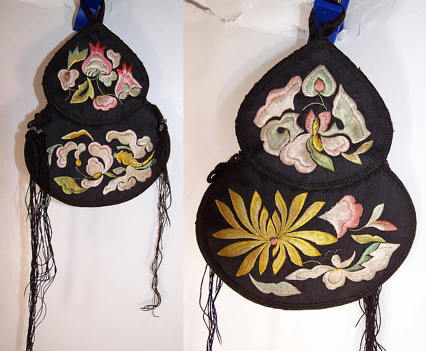 Antique Chinese Gourd Silk Embroidered Pouch Purse  Front and Back view.