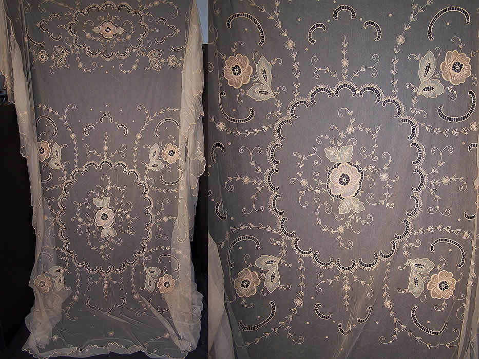 Antique Tambour Embroidery Net Lace Silk Applique Bedspread  Front view.