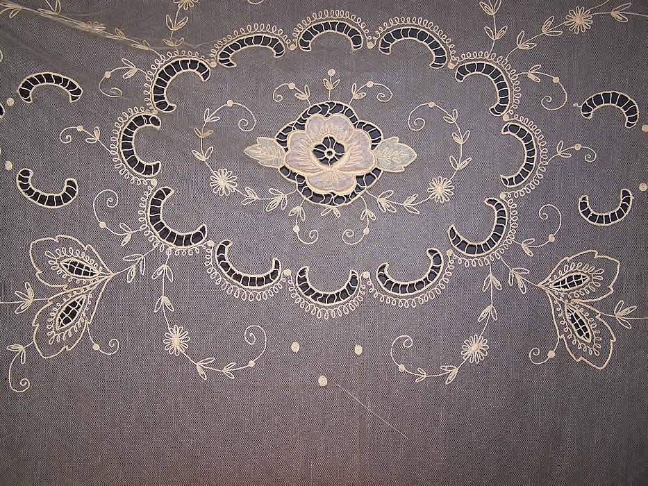 Antique Tambour Embroidery Net Lace Silk Applique Bedspread Top View.