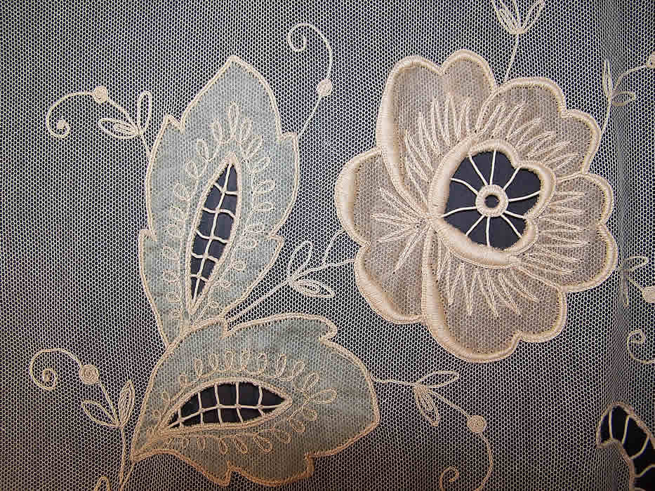 Antique Tambour Embroidery Net Lace Silk Applique Bedspread Close up.