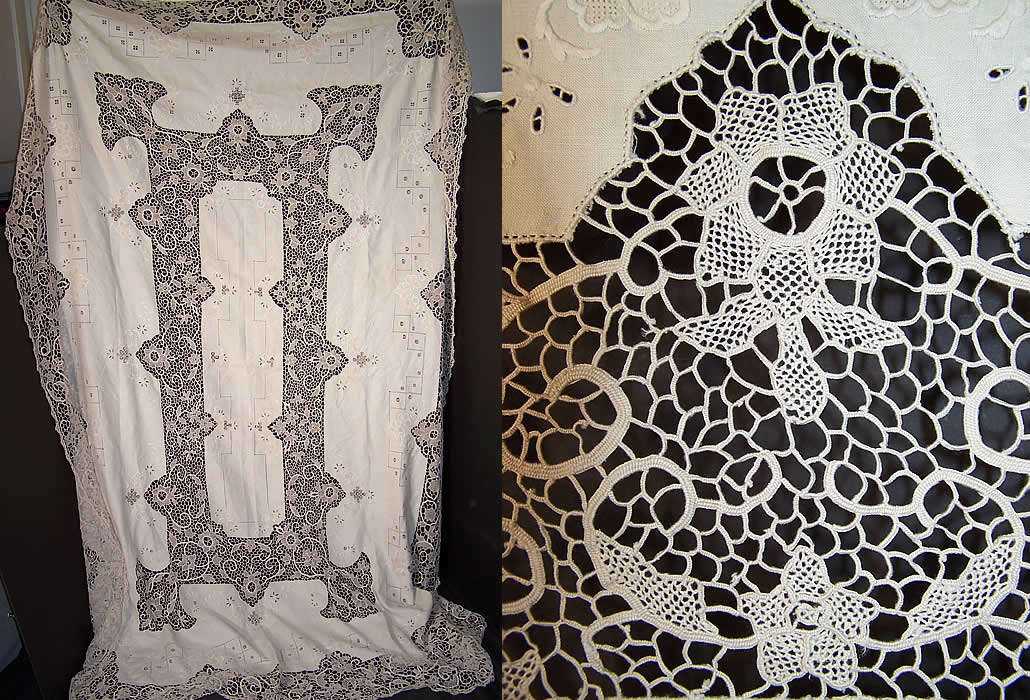  Hand Embroidered Irish Linen Lace Banquet Tablecloth 12 Napkins Front view.