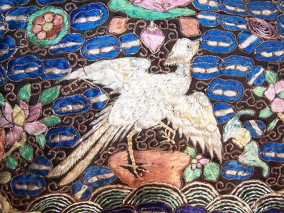 Antique Chinese Silk Embroidered Paradise Flycatcher Bird 9th Rank Badge Purse close-up View.