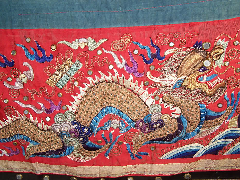 Antique Chinese Dragon Gold Couching Embroidery Mirror Red Silk Wedding Banner close-up View.