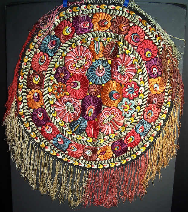 Matyo Hungarian Folk Embroidery Colorful Floral Fringe Round Tablecloth  Front view.