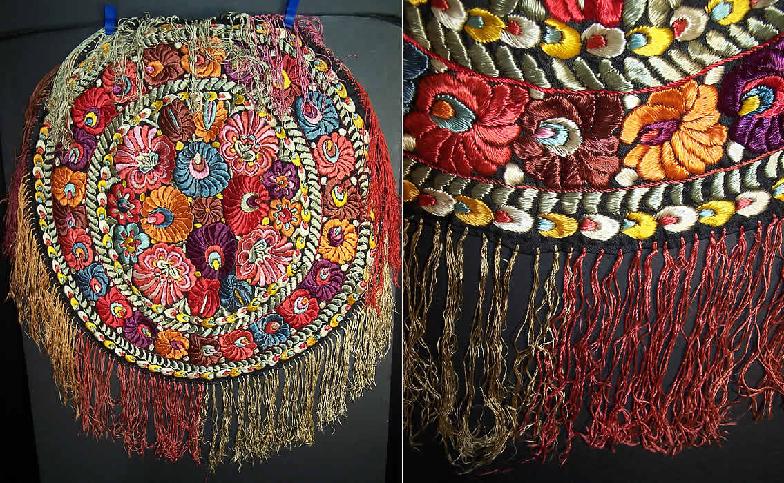 Matyo Hungarian Folk Embroidery Colorful Floral Fringe Round Tablecloth Back View.