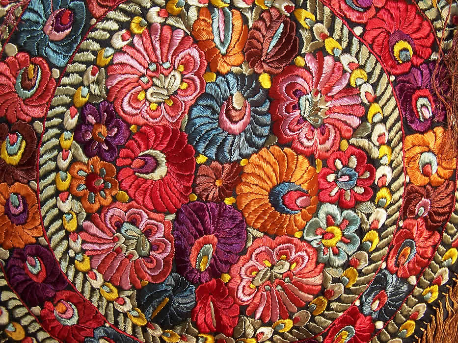 Matyo Hungarian Folk Embroidery Colorful Floral Fringe Round Tablecloth close-up view.