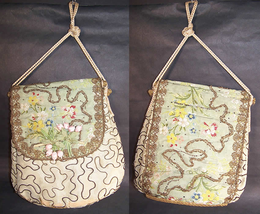 Antique 18th Century French Silk Brocade Fabric Gold Metallic Lace Purse  Front & Back view.
