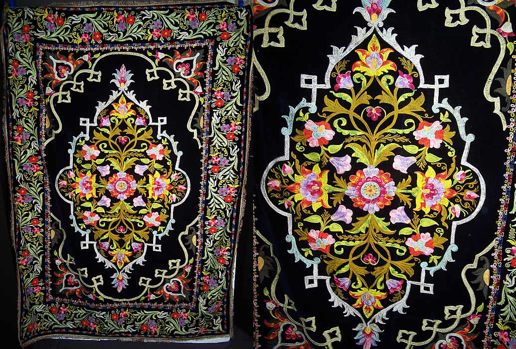 Vintage Black Velvet Tambour Chain Stitch Embroidered Uzbek Suzani Textile and close up of the center