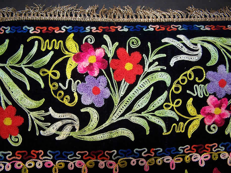 Vintage Black Velvet Tambour Chain Stitch Embroidered Uzbek Suzani Textile a gold metallic fringe trim edging 