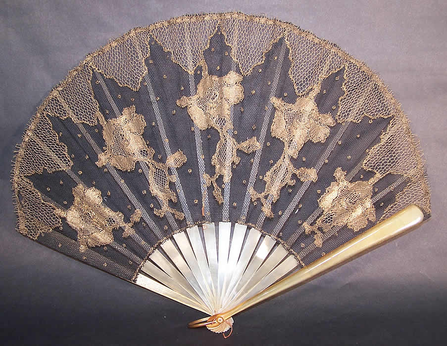 Art Deco Black Net Gold Metallic Lace Spanish Flapper Fan Front view.