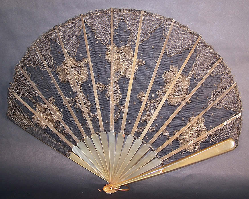 Art Deco Black Net Gold Metallic Lace Spanish Flapper Fan Back View.