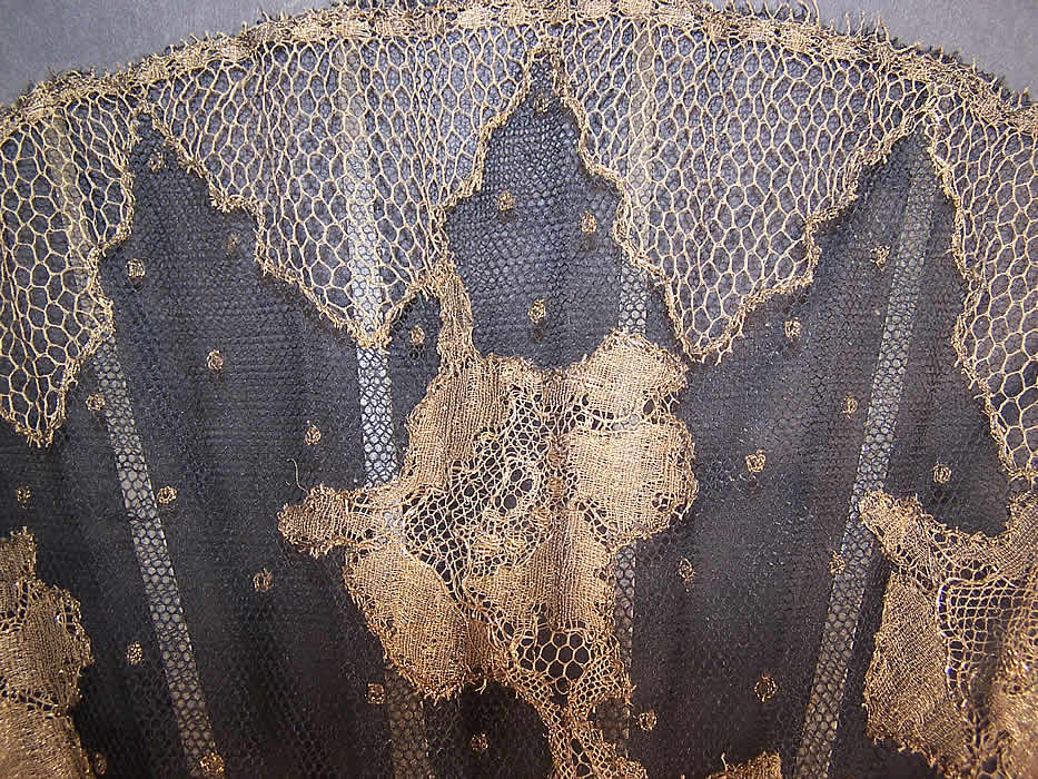 Art Deco Black Net Gold Metallic Lace Spanish Flapper Fan Close up.