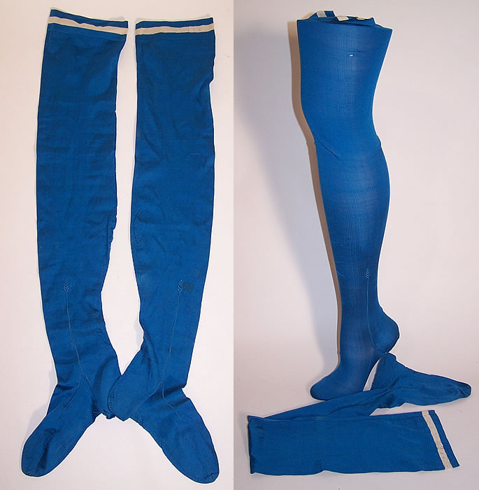 Victorian Ladies Bright Blue Silk Seam Thigh High Garter Stockings Socks