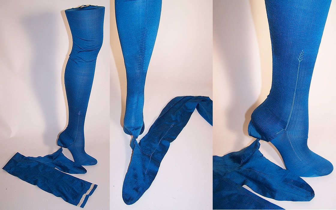 Victorian Ladies Bright Blue Silk Seam Thigh High Garter Stockings Socks side vies, back view close up