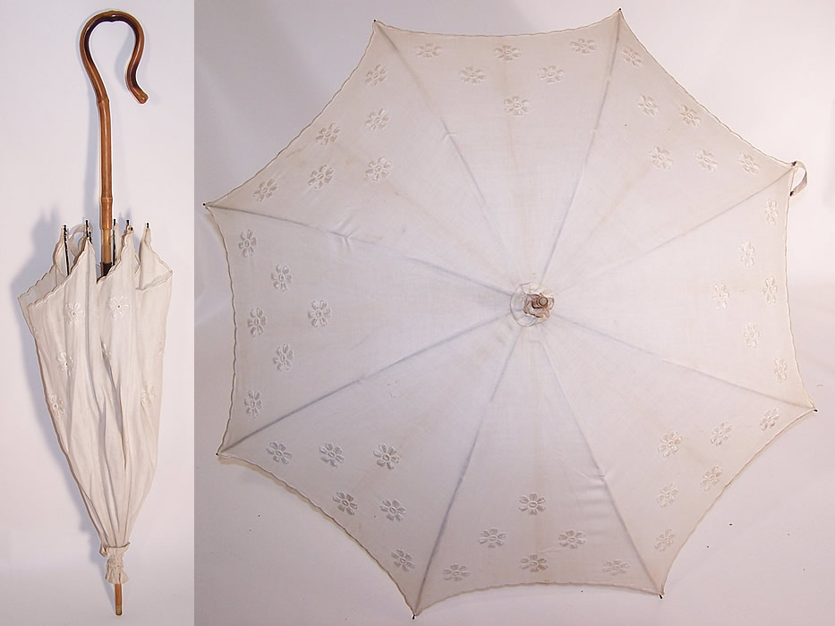 Edwardian Embroidered Floral White Linen Parasol Bamboo Cane Handle