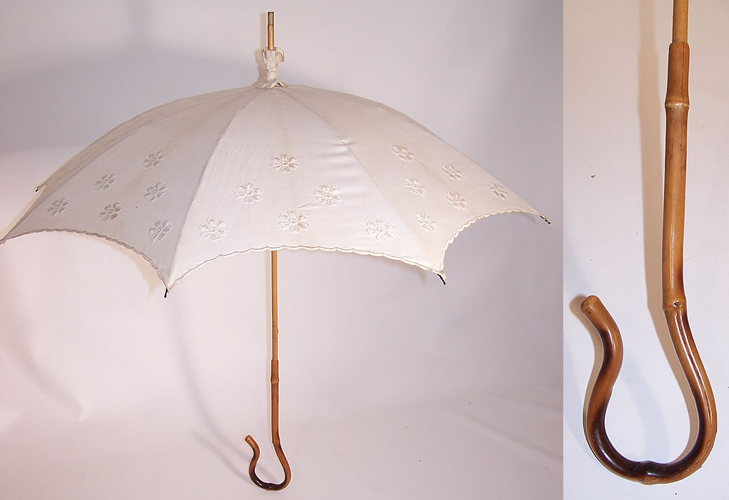 Edwardian Embroidered Floral White Linen Parasol Bamboo Cane Handle