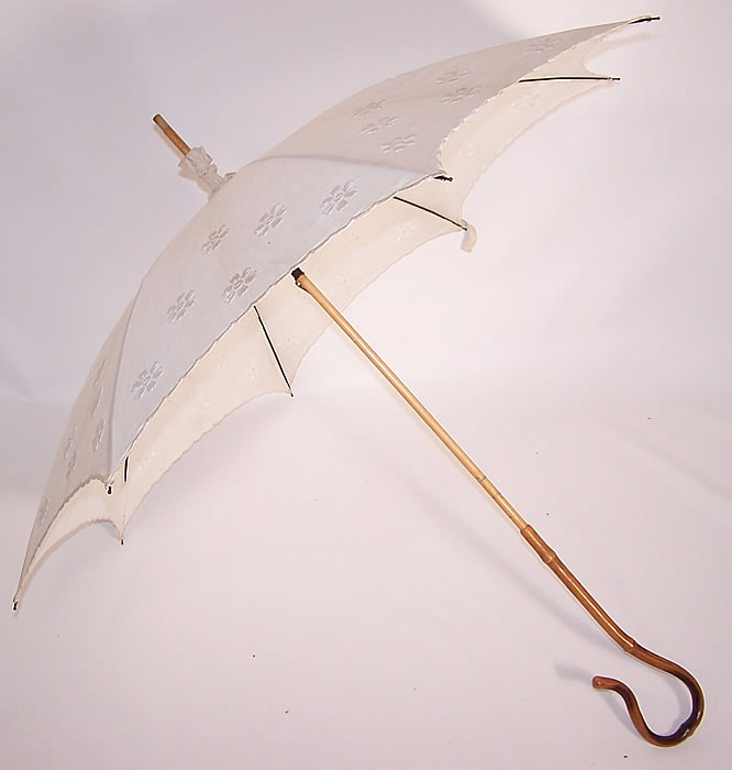 Edwardian Embroidered Floral White Linen Parasol Bamboo Cane Handle