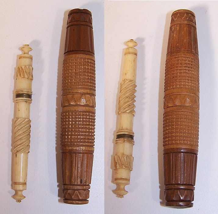 Antique Victorian Sewing Turned Carved Wood & Bone Bodkin Needle Case  both sides