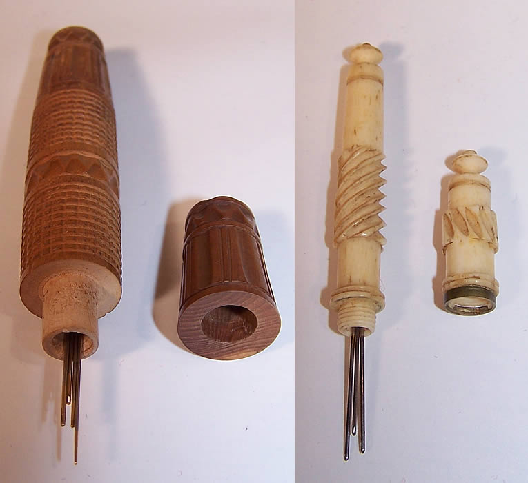 Antique Victorian Sewing Turned Carved Wood & Bone Bodkin Needle Case open showing the needles