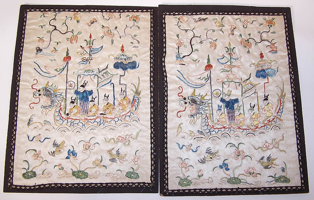 Pair of Antique Chinese Figural Dragon Boat Silk Embroidered Square Panel 