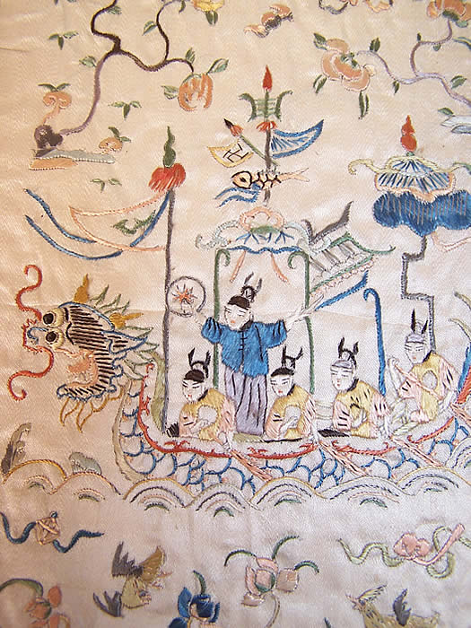 Pair of Antique Chinese Figural Dragon Boat Silk Embroidered Square Panel dragon boat