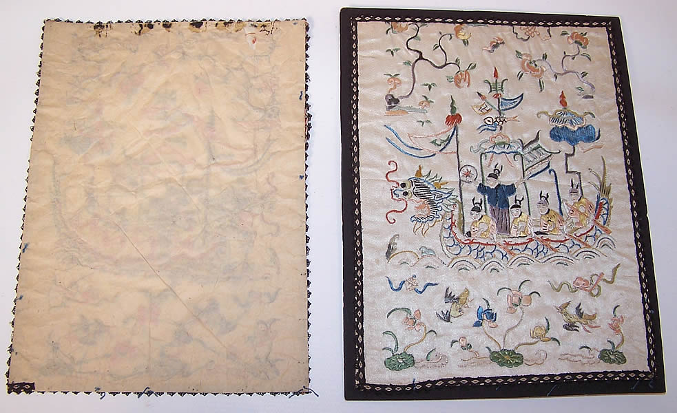 Pair of Antique Chinese Figural Dragon Boat Silk Embroidered Square Panel one back view one front