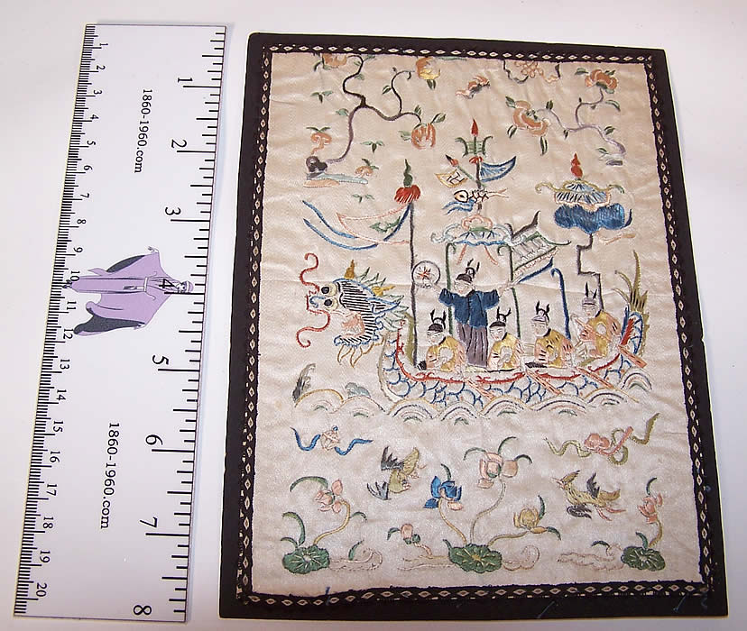 Pair of Antique Chinese Figural Dragon Boat Silk Embroidered Square Panel one with ruler