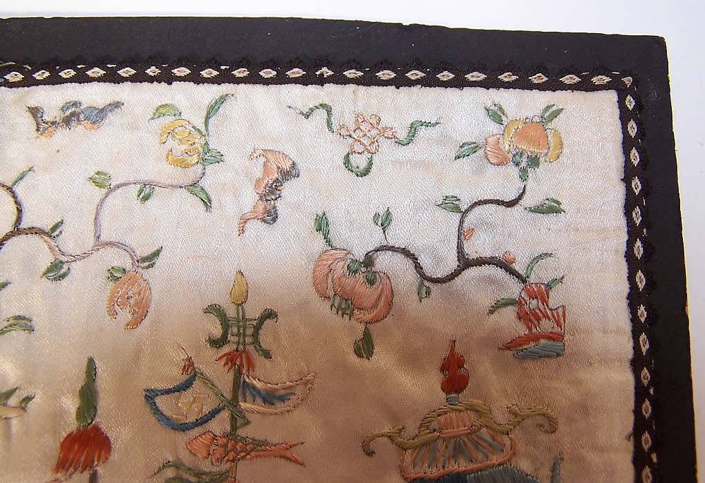 Pair of Antique Chinese Figural Dragon Boat Silk Embroidered Square Panel extremely close up