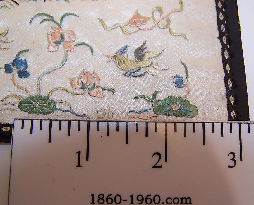 Pair of Antique Chinese Figural Dragon Boat Silk Embroidered Square Panel extreme close up with ruler
