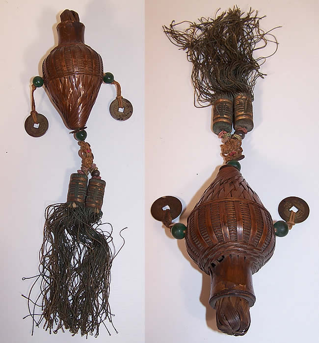 Antique Chinese Coin Jade Bead Tassel Wicker Basket Scent Perfume Herb Bottle Purse
