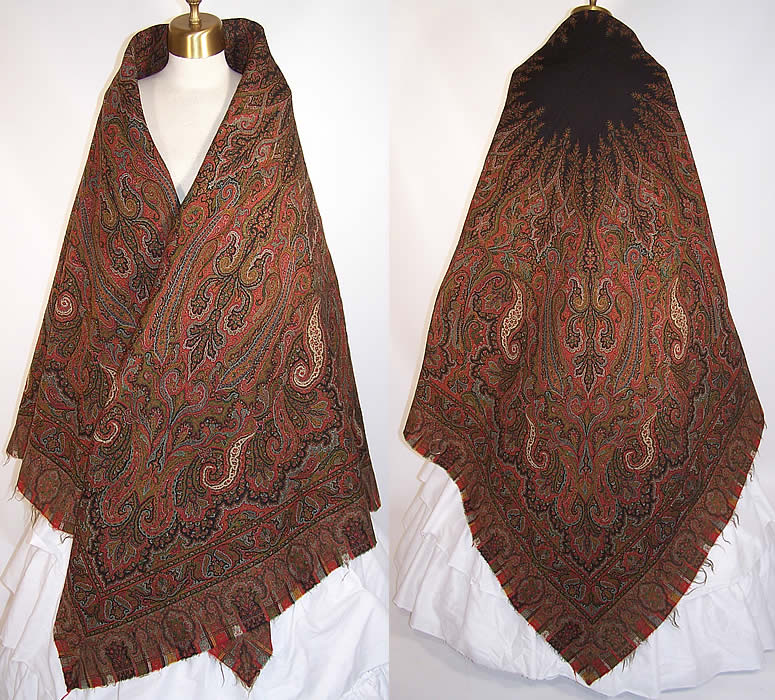 Victorian Antique Jacquard Hand Loom Wool Black Star Center Paisley Shawl